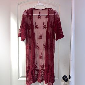Red Maroon Sheer Lace Jacket Cardigan